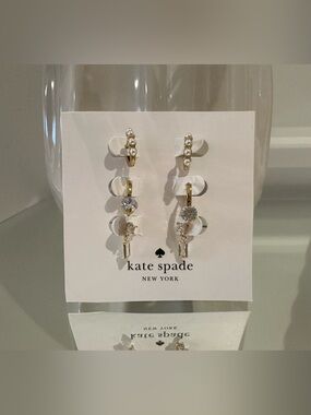 Kate Spade Gold Pearl & Crystal Sparkle Huggie Earring Hoops 3 Piece Set NWT